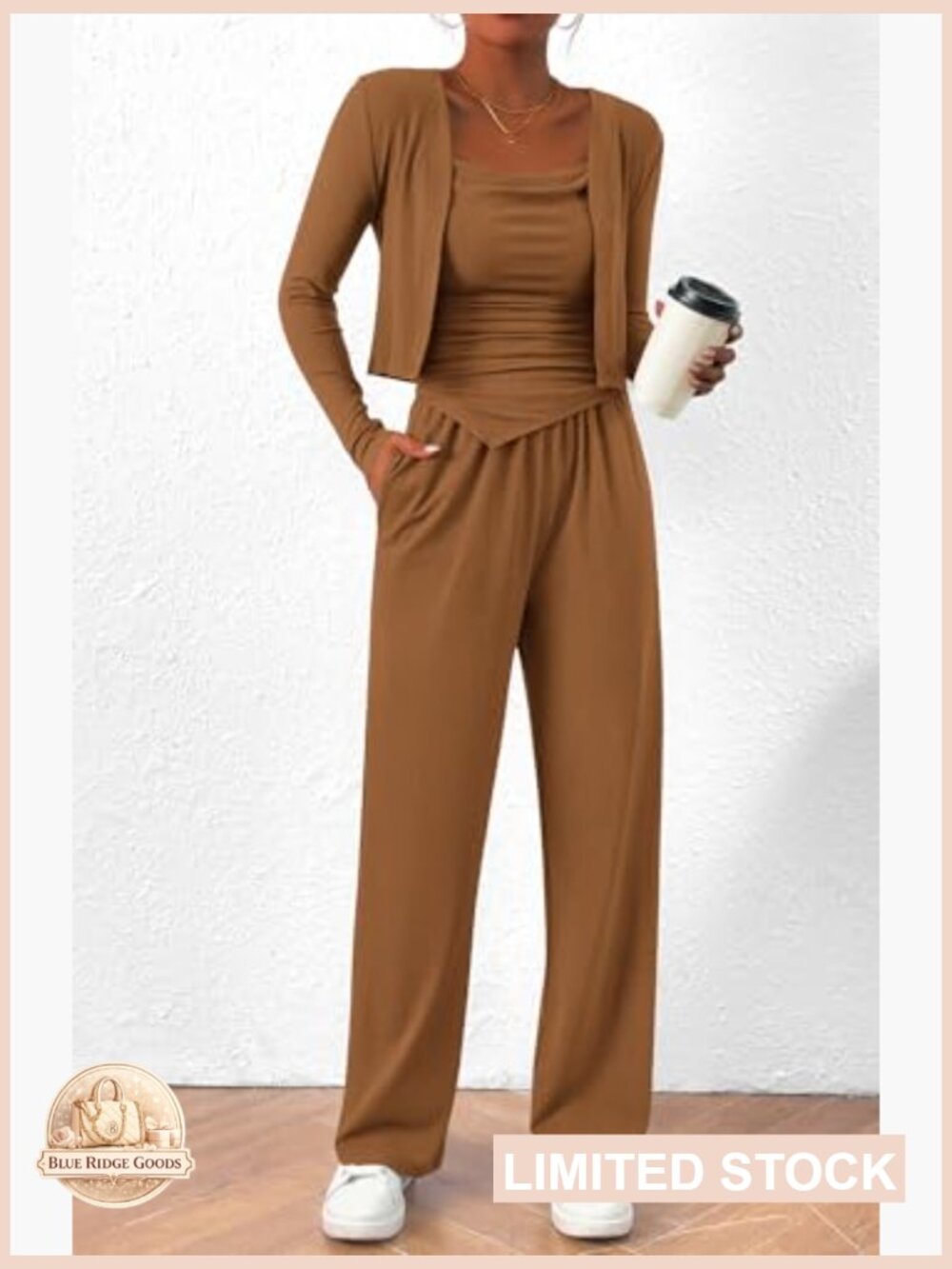 3 Piece Lounge Set Tracksuit Cardigan Crop Top Wide Leg Sweatpants - Picture 2 of 7